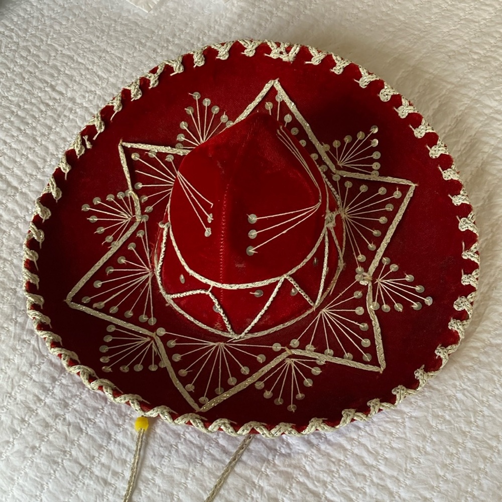 Vintage (1980s) Mexican Sombrero. Red velvet.